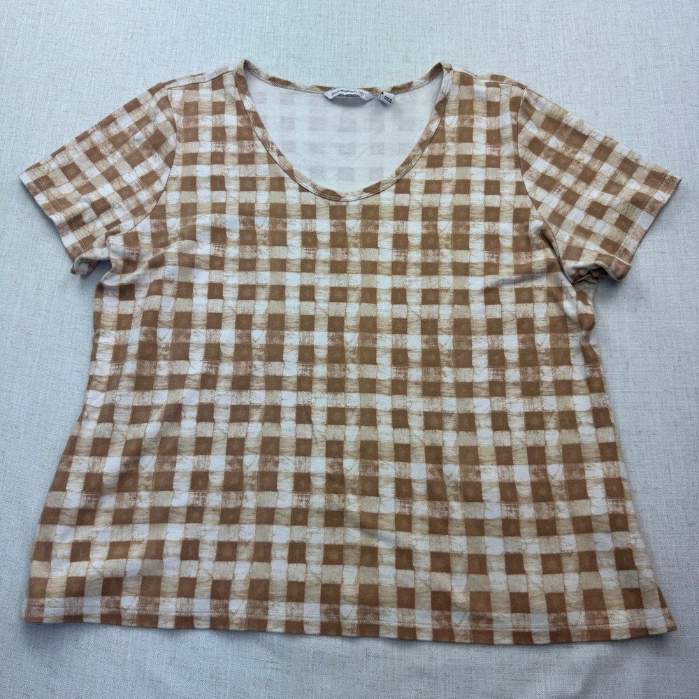 Isaac Mizrahi Live T-Shirt Womens XL Tan Gingham V-Neck Pima Cotton Cottagecore